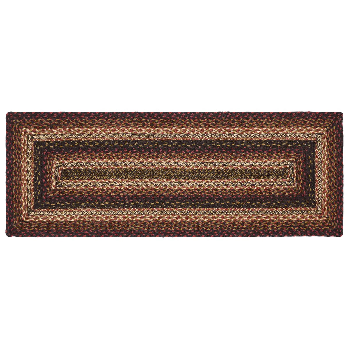 A rectangular braided rug with a multi-colored pattern of brown, beige, and black, shown flat against a white background.