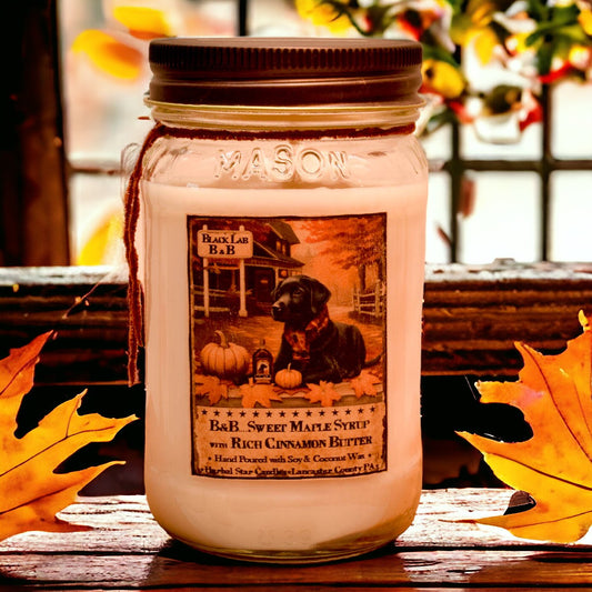 A jar candle with a label depicting a black cat, titled 'BED AND BREAKFAST JAR CANDLE – 16 oz'. The candle is set on a windowsill with fall leaves in the background.