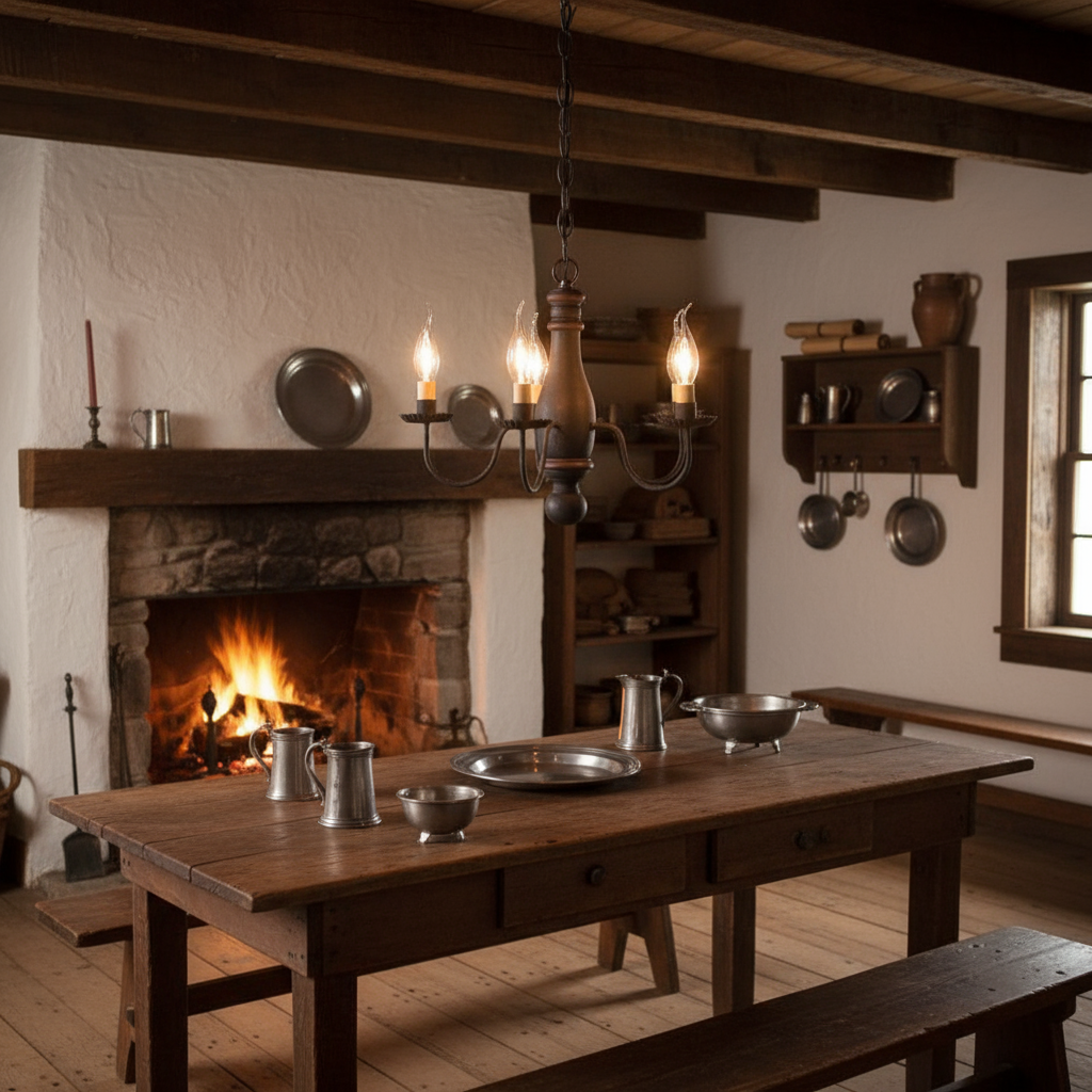 Vintage kitchen with wooden table, fireplace, and hanging pots.