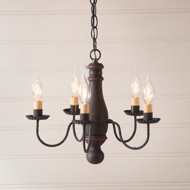 Vintage-style chandelier with five light bulbs on a neutral background