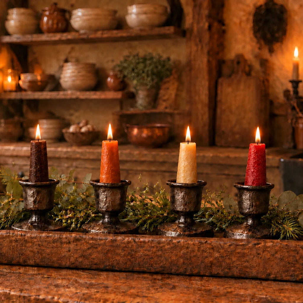 Four lit taper candles in different colors—brown, pumpkin, cream, and deep red—placed in dark metal holders on a rustic wooden tray with greenery, set on a wooden table in a warm, cabin-like interior.