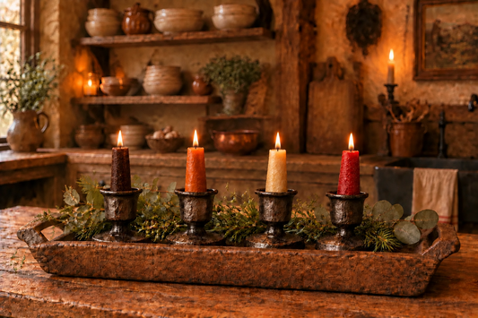 Four lit taper candles in different colors—brown, pumpkin, cream, and deep red—placed in dark metal holders on a rustic wooden tray with greenery, set on a wooden table in a warm, cabin-like interior.