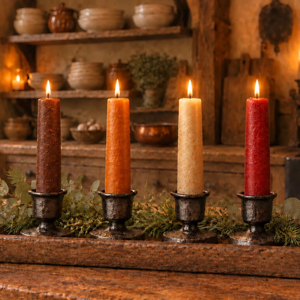 Four lit taper candles in rustic dark metal holders arranged on a wooden tray with greenery, set on a wooden table in a warmly lit kitchen interior.
