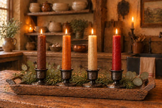 Four lit taper candles in rustic dark metal holders arranged on a wooden tray with greenery, set on a wooden table in a warmly lit kitchen interior.