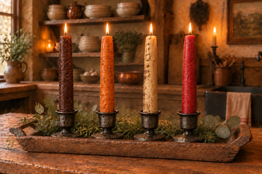 Four rustic taper candles in different earthy colors—brown, pumpkin, cream, and red—standing in dark metal holders on a wooden tray with greenery, set in a warmly lit cabin-like interior.