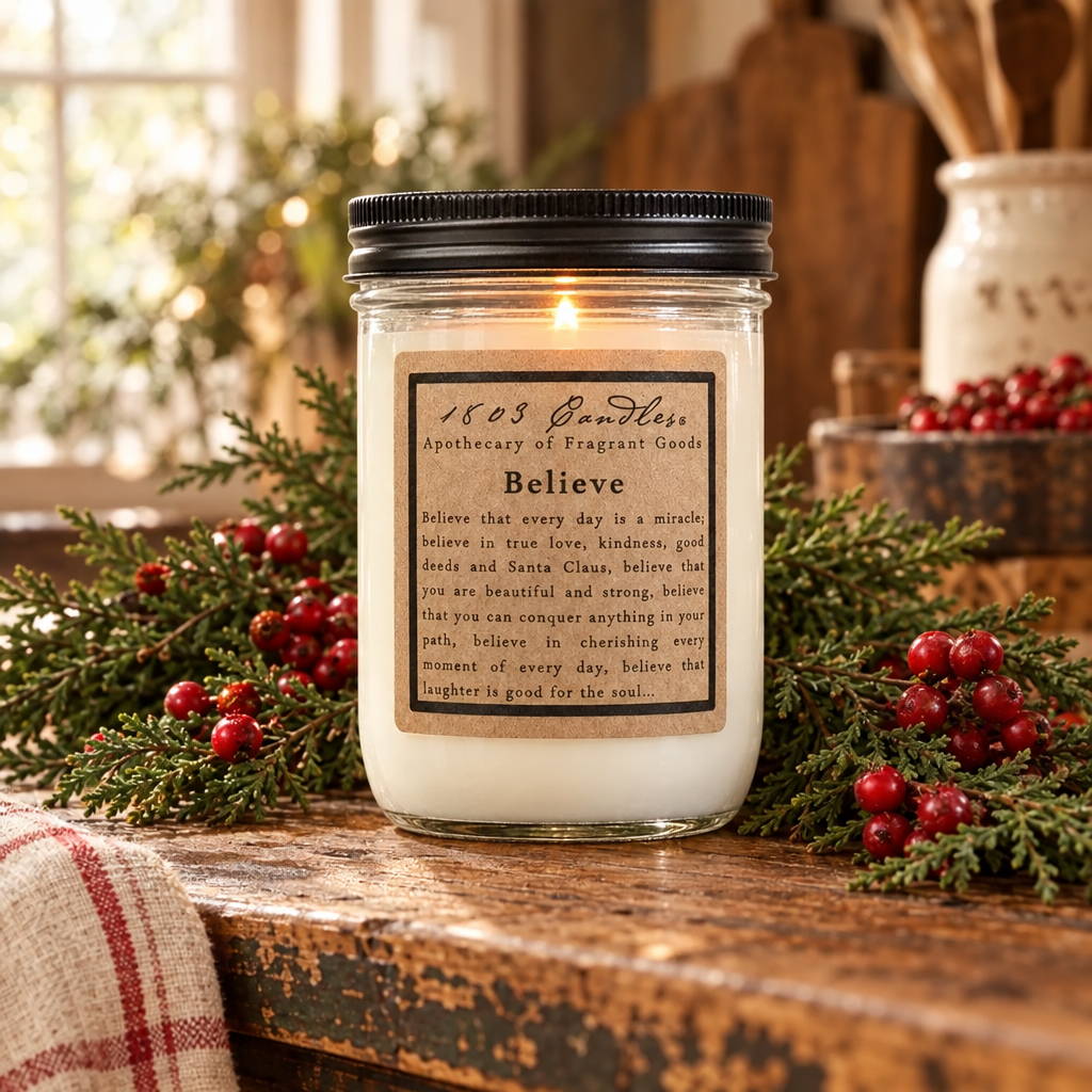 A lit white candle in a clear glass jar with a black lid sits on a rustic wooden table, surrounded by evergreen branches, red berries, and a plaid blanket. The front label reads '1853 Apothecary of Fragrant Goods Believe'.