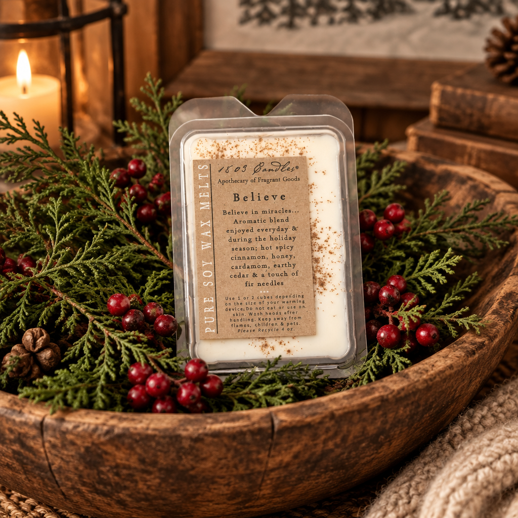 A wax melt product labeled 'Believe' by 1623 Candle Co. placed in a rustic wooden bowl filled with evergreen branches, red berries, and pinecones, with a warm candle and books in the background.