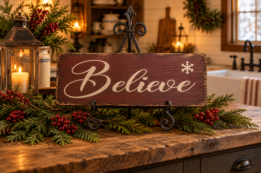 A rustic wooden sign with the word 'Believe' in white script and a small white snowflake, displayed on a black metal stand on a wooden countertop in a decorated holiday kitchen setting.