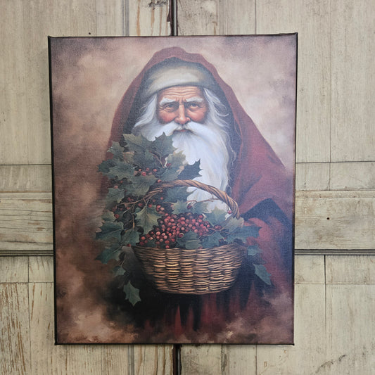 Painting of a bearded figure with a basket of fruit on a wooden surface