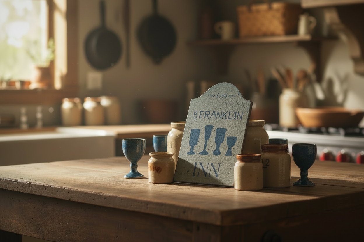 Decorative sign with 'B. Franklin Inn' on a wooden surface in a kitchen setting.
