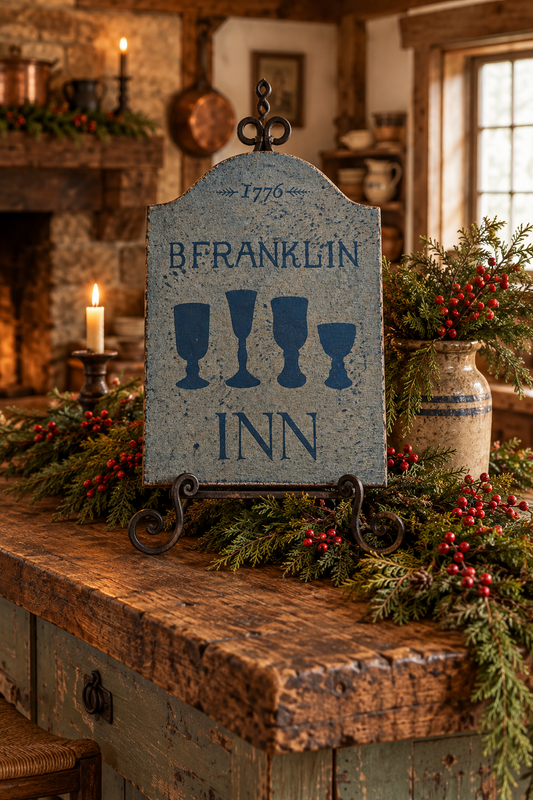 A rustic decorative sign reading “1776 BFRANKLIN INN” with four goblet silhouettes, displayed on a wooden counter in a cozy holiday-themed room with candles, greenery, and red berries.
