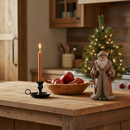 Decorative setup on a wooden table with a small Christmas tree, candle, apples, and a figurine.