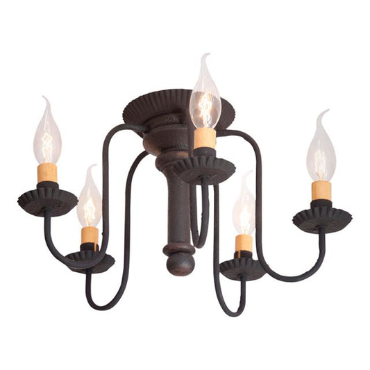 Black semi-flush mount wood ceiling light with five arms and E12/Candelabra sockets, featuring a textured black finish and poplar hardwood center.
