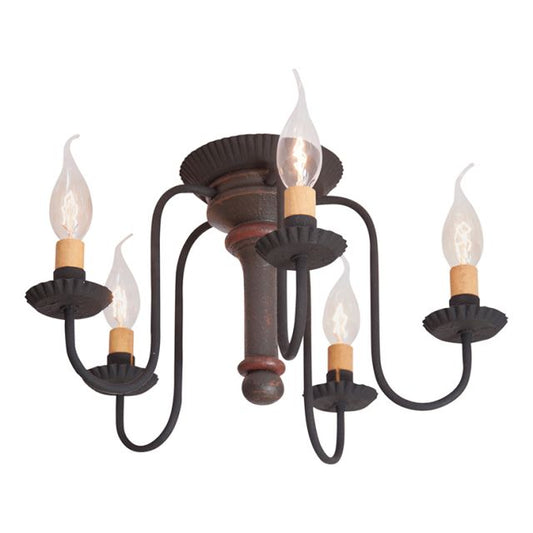 A semi-flush mount ceiling light with five arms, featuring a wood centerpiece in an espresso color with Salem brick stripes and black textured arms, with visible bulb sockets.