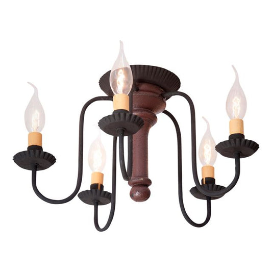 A semi-flush mount ceiling light with a plantation red painted body and black textured arms, featuring five E12/Candelabra sockets.