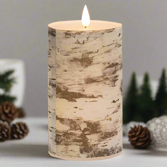 Candle with a bark-like texture with pinecones