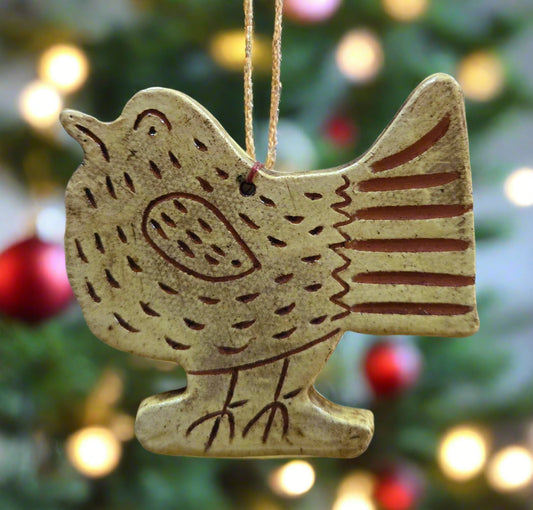 Ceramic chicken-shaped ornament with brown accents on a white background