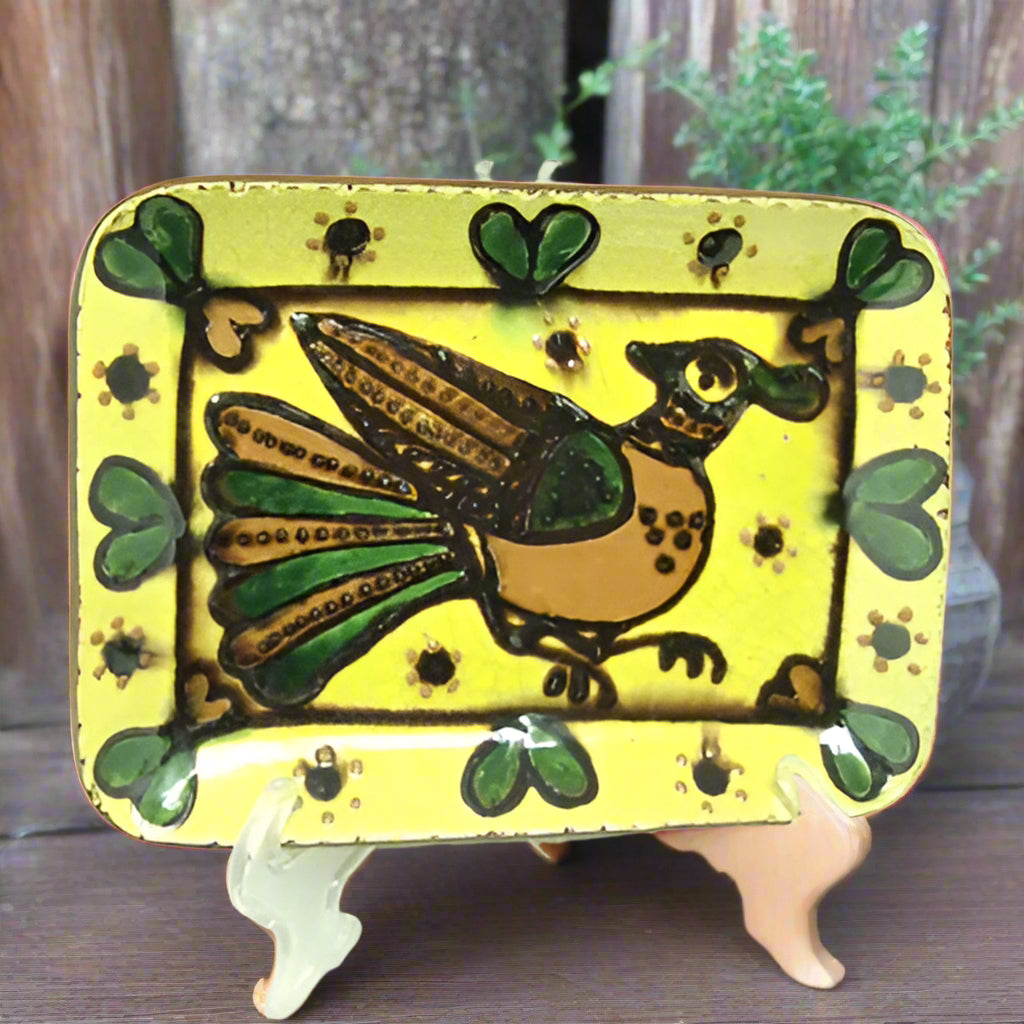 Rectangular ceramic plate with bird and heart motif