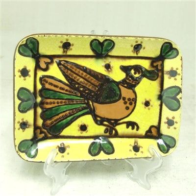 Rectangular ceramic plate with bird and heart motif