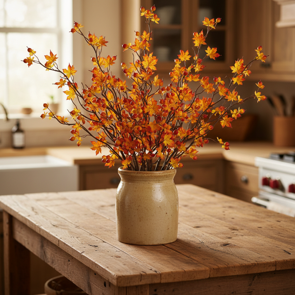 Vase with orange flowers on a wooden table in a kitchen