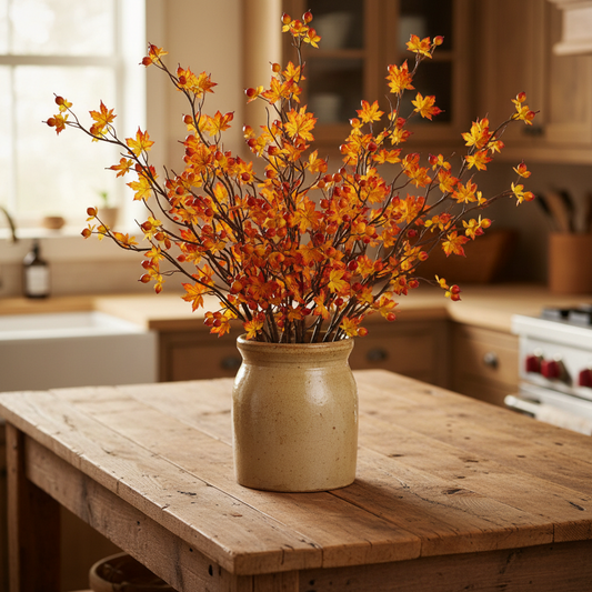 Vase with orange flowers on a wooden table in a kitchen