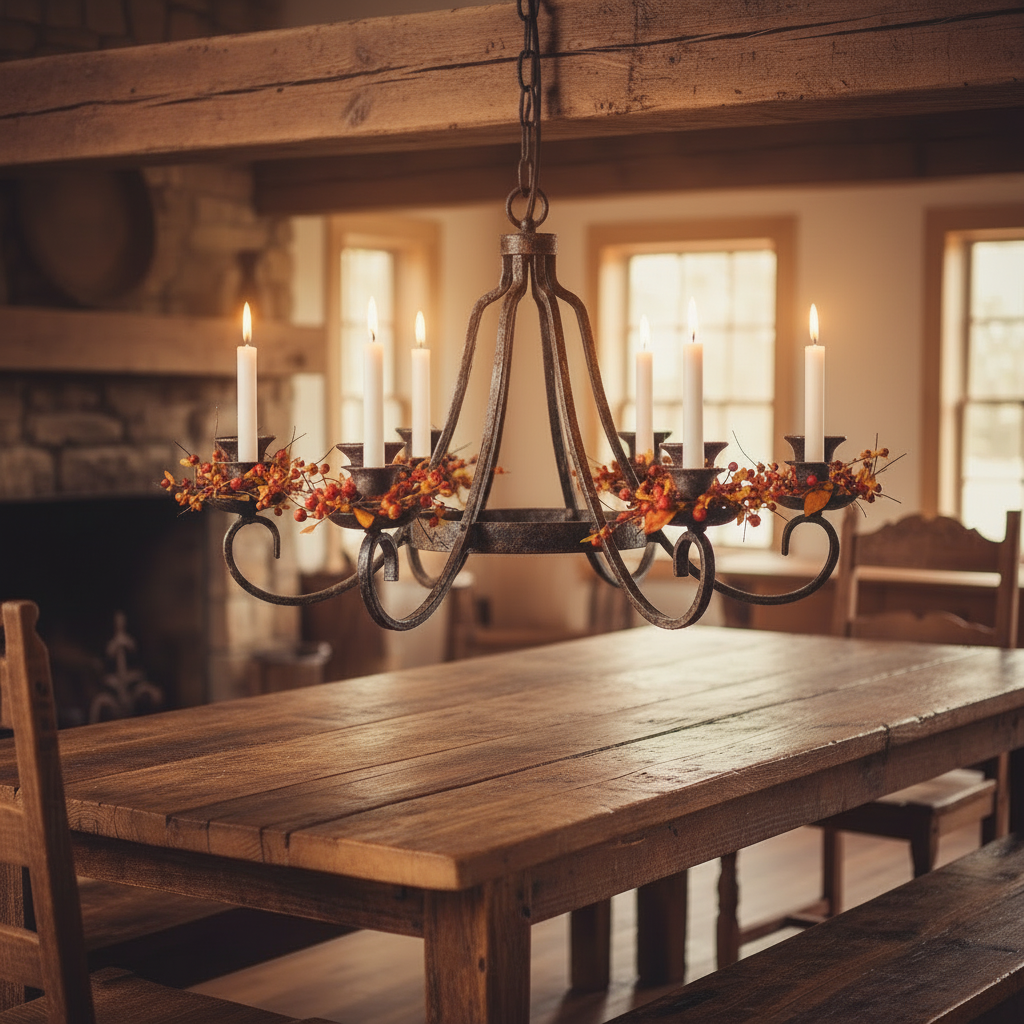 Vintage chandelier with candles hanging above a wooden table in a rustic room.