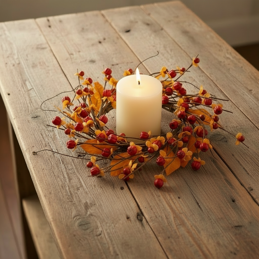 Candle surrounded by autumn-themed decorative elements on a wooden surface