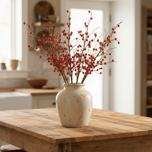 Decorative vase with red berries on a wooden table in a home setting