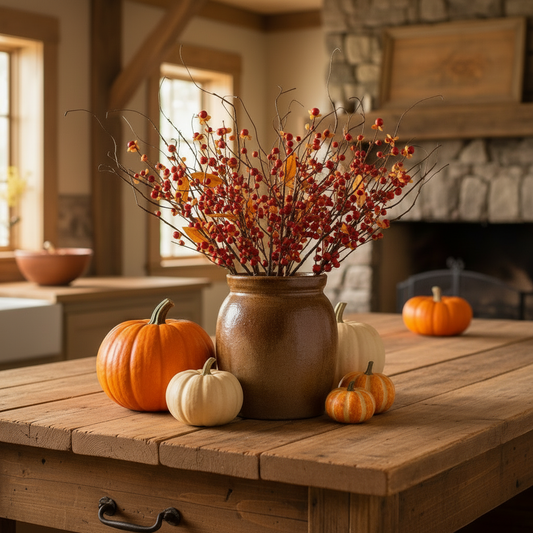Autumnal decor with pumpkins and a vase of berries on a wooden table.
