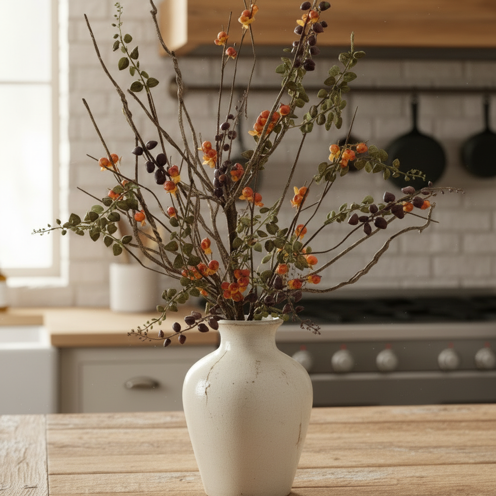 White vase with decorative branches on a kitchen counter
