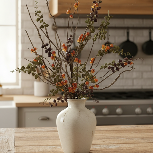 White vase with decorative branches on a kitchen counter