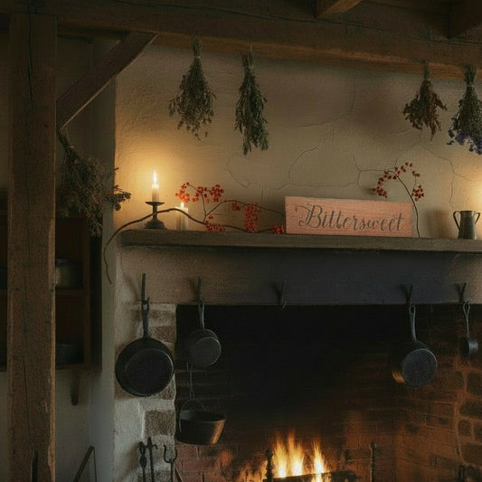 Cozy fireplace with 'Bittersweet' sign, hanging pots, and candles.