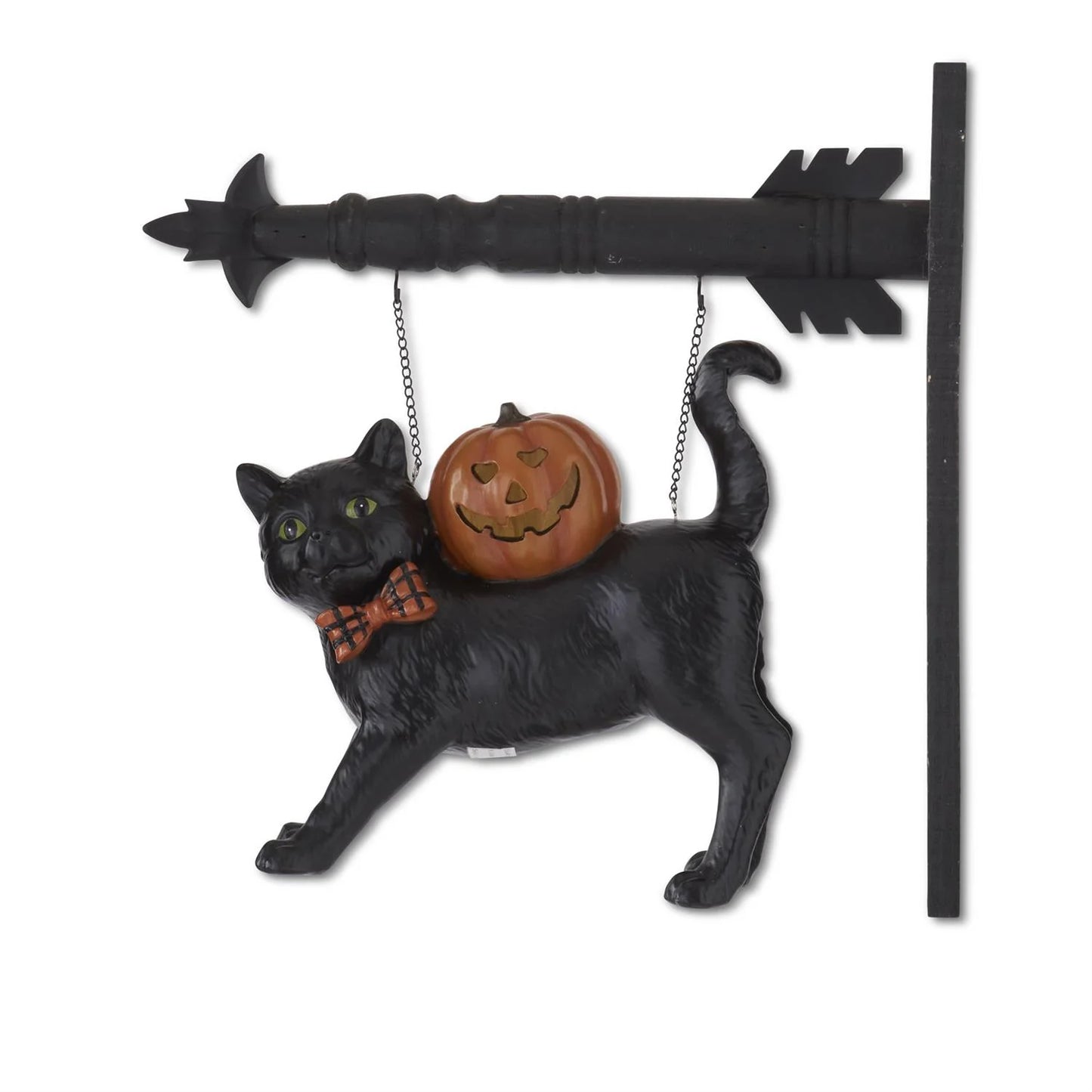 Decorative Halloween sign with a black cat and pumpkin on a white background