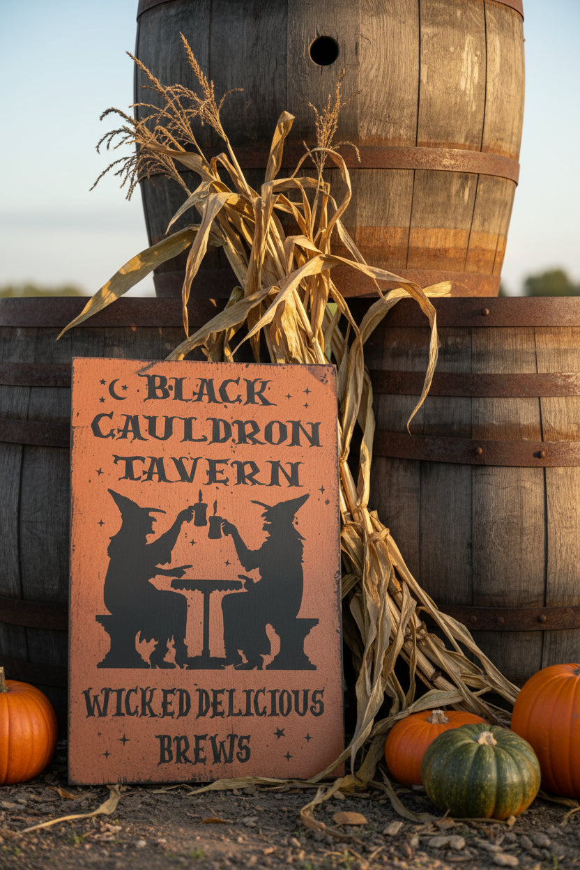 Decorative sign for 'Black Cauldron Tavern' with a witch silhouette on a wooden background in front of wooden barrels