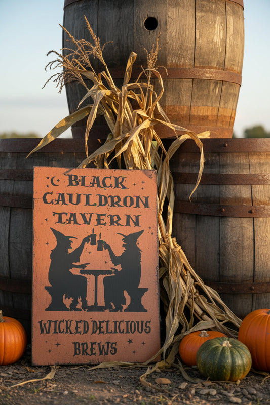 Decorative sign for 'Black Cauldron Tavern' with a witch silhouette on a wooden background in front of wooden barrels