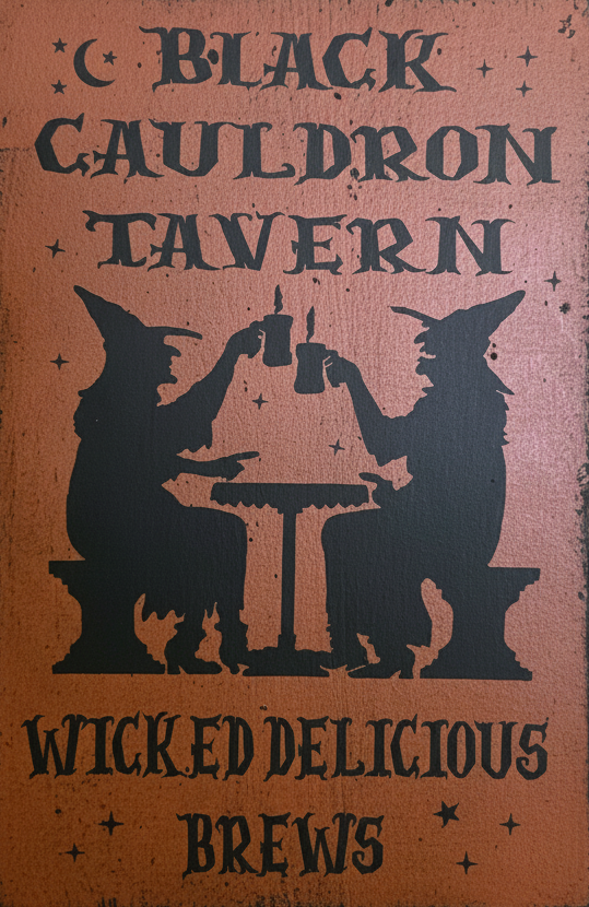 Sign for Black Cauldron Tavern with silhouettes of witches at a table.