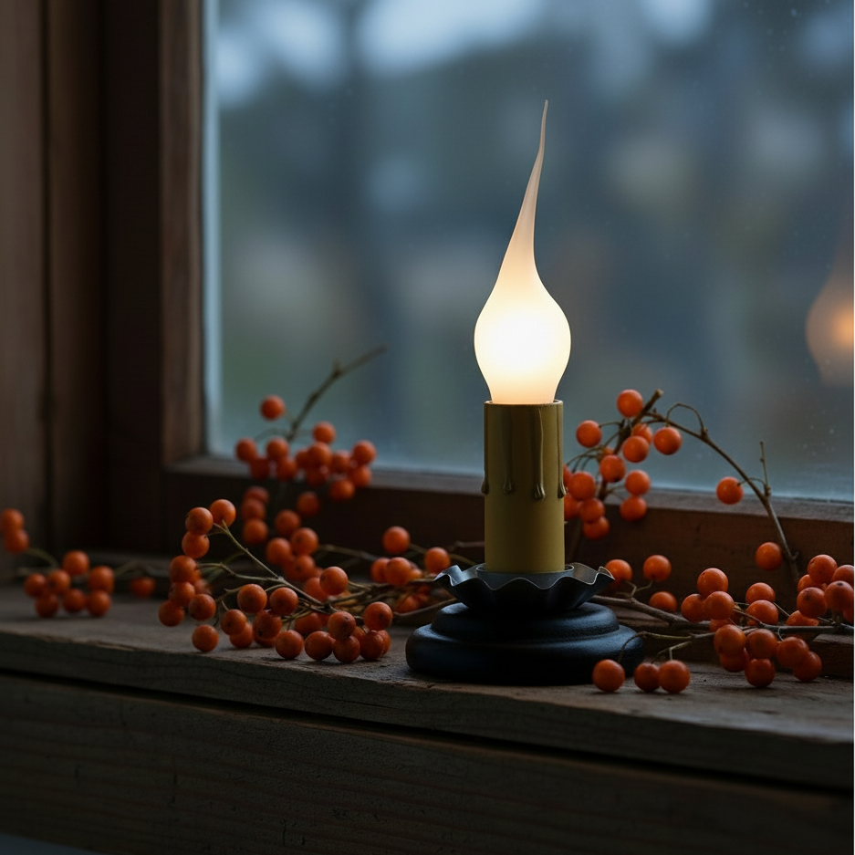 Decorative light bulb with berries on a wooden surface near a window