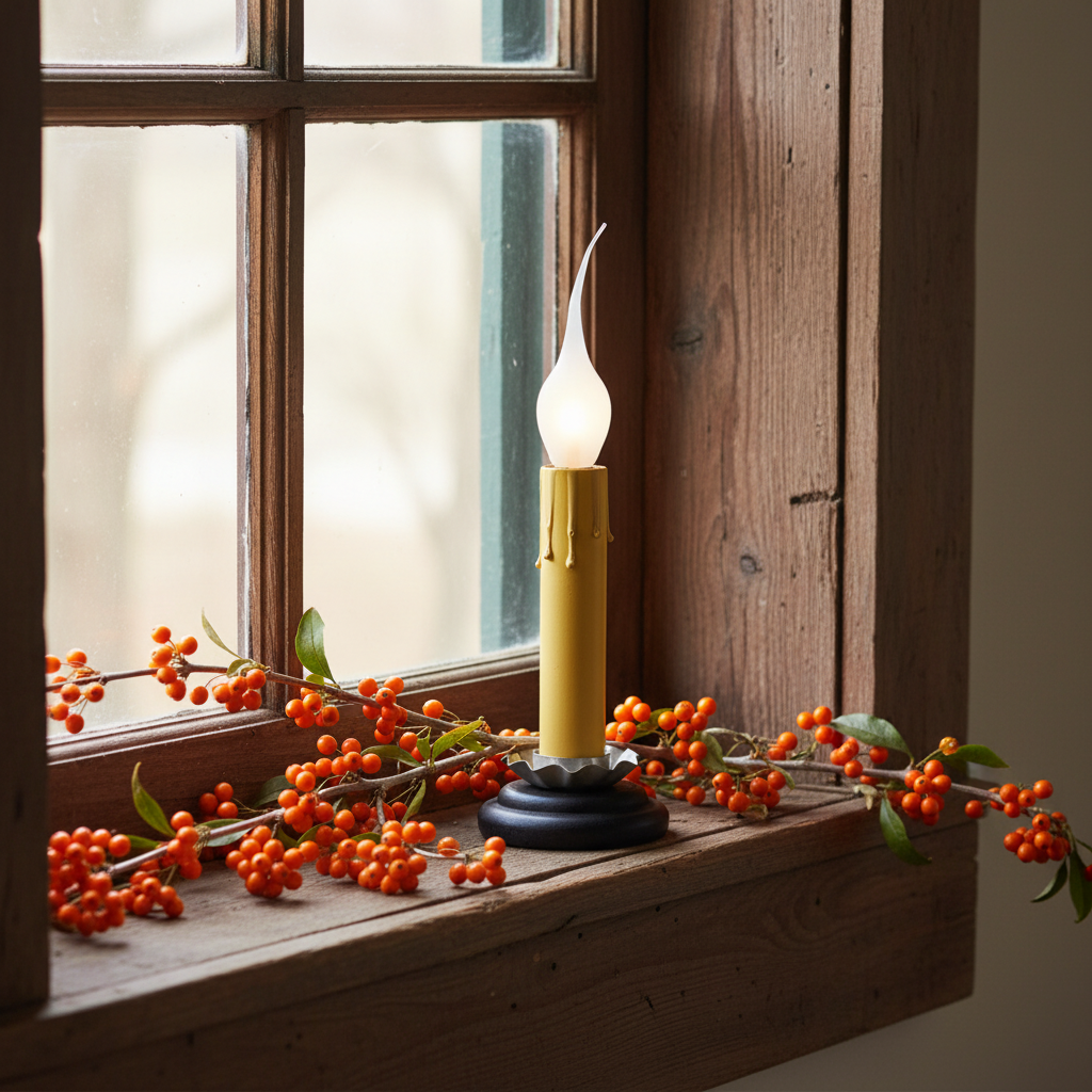 Decorative candle with berries on a windowsill