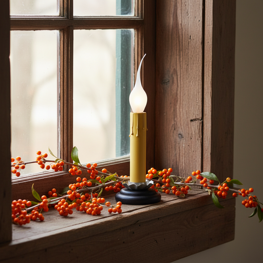 Decorative candle with berries on a windowsill