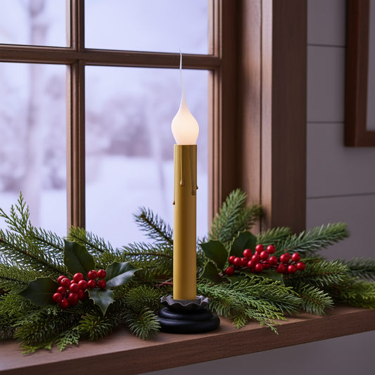 Decorative candle with greenery and berries on a windowsill