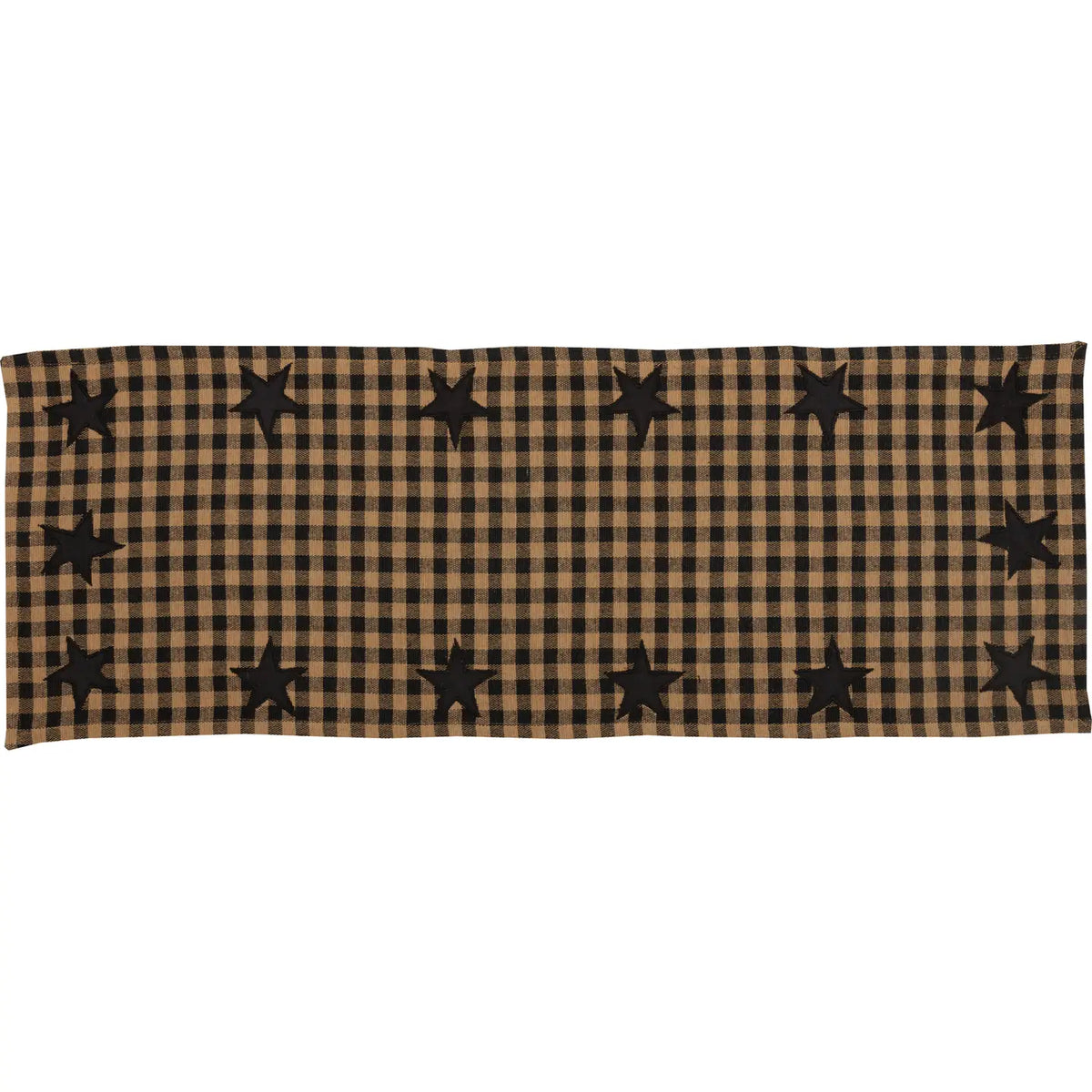 A rectangular table runner featuring a brown and beige gingham plaid pattern with black stars printed along the borders.