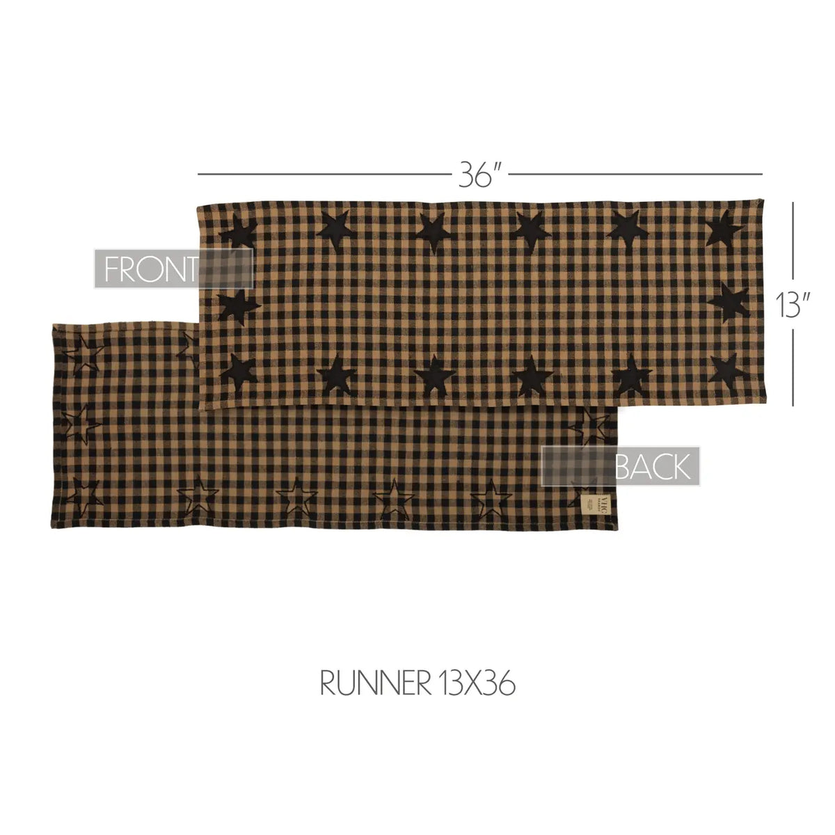 Brown checkered table runner with black star pattern, front and back view, on a white background.