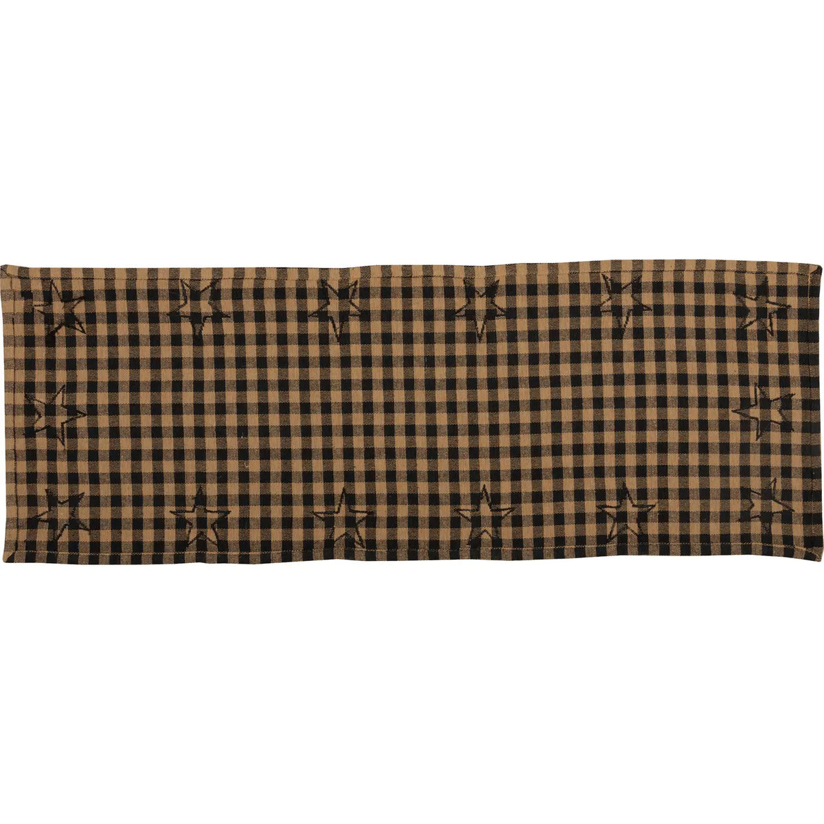 A rectangular table runner with a brown and black gingham plaid pattern and embroidered black stars, shown against a plain white background.
