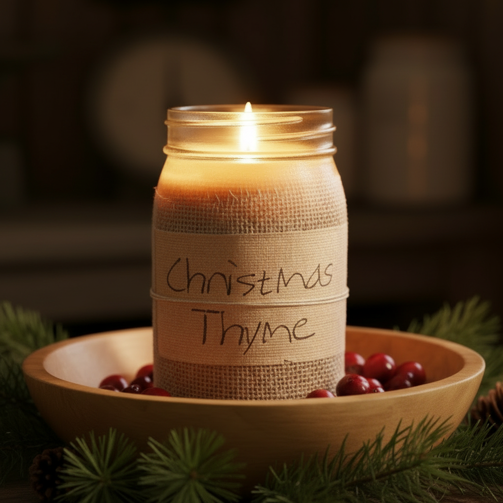 Mason jar with 'Christmas Thyme' text wrapped in burlap on table in a cozy room.