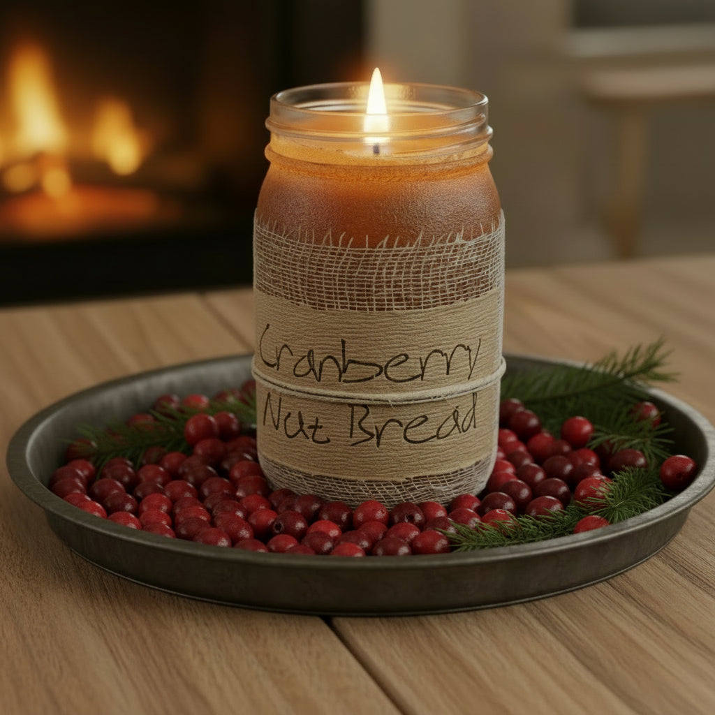 Cranberry Nut Bread candle in a tin tray with fresh greens and cranberries.