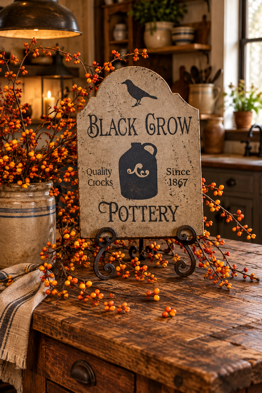 A rustic decorative sign for Black Grow Pottery displayed on a wooden table in a cozy, warmly lit kitchen setting. The sign features a black crow silhouette and a black crock pot illustration on a distressed beige background, supported by a black metal stand.