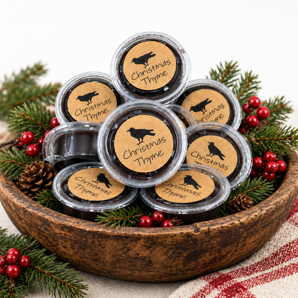 Black crow tarts in a wooden bowl with fresh greens and berries.