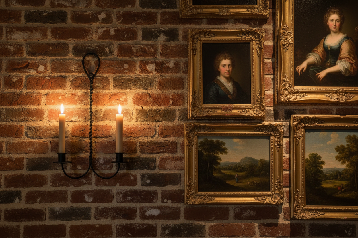 Brick wall with framed paintings and lit candles