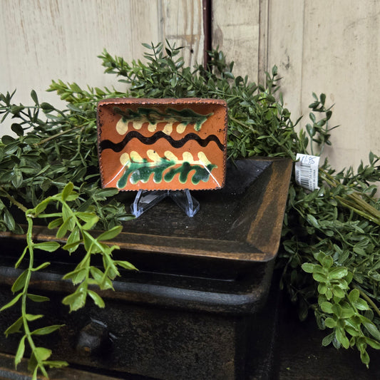 Small rectangular redware plate with green and yellow feathered lines