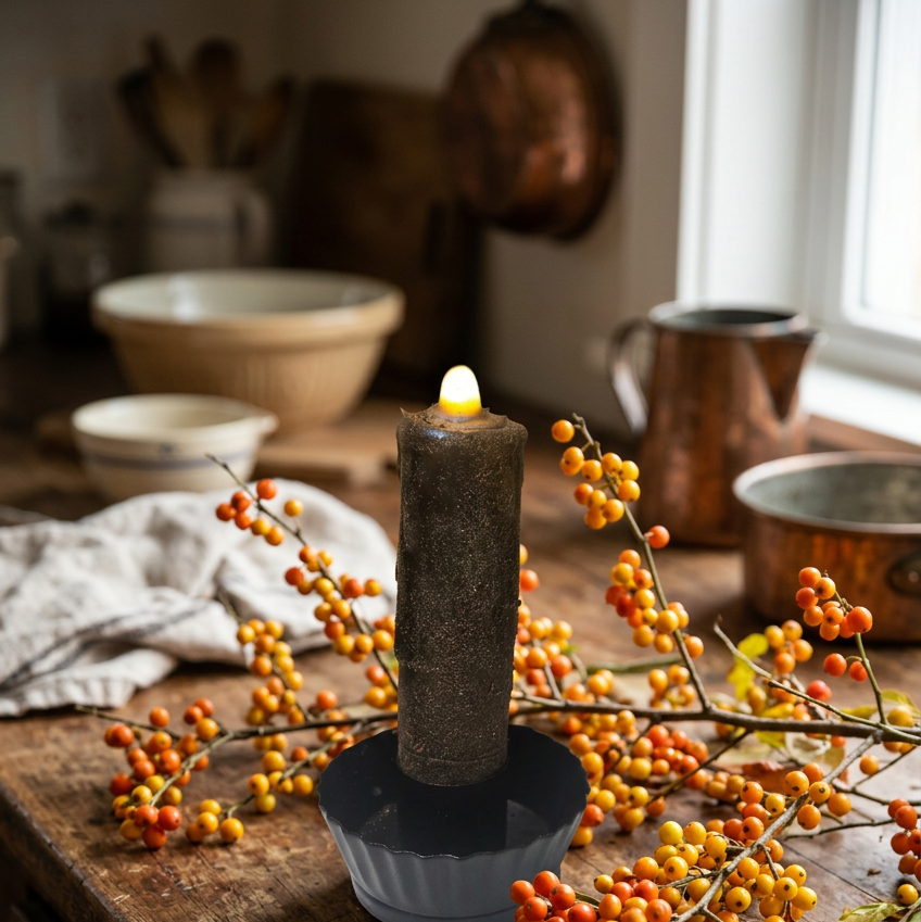 A rustic dark gray candle holder with a lit pillar candle sits on a weathered wooden table, surrounded by orange and yellow berry branches in a cozy, softly lit kitchen setting.